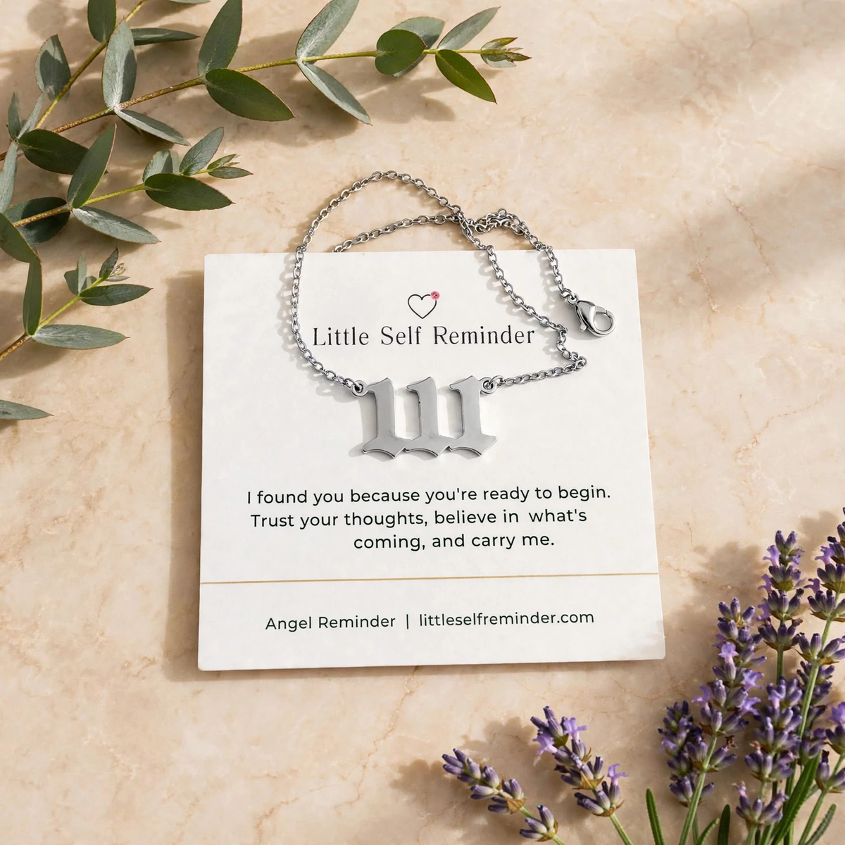 Silver 111 angel number necklace with a meaningful reminder to trust your thoughts, embrace new beginnings, and believe in what you are creating.