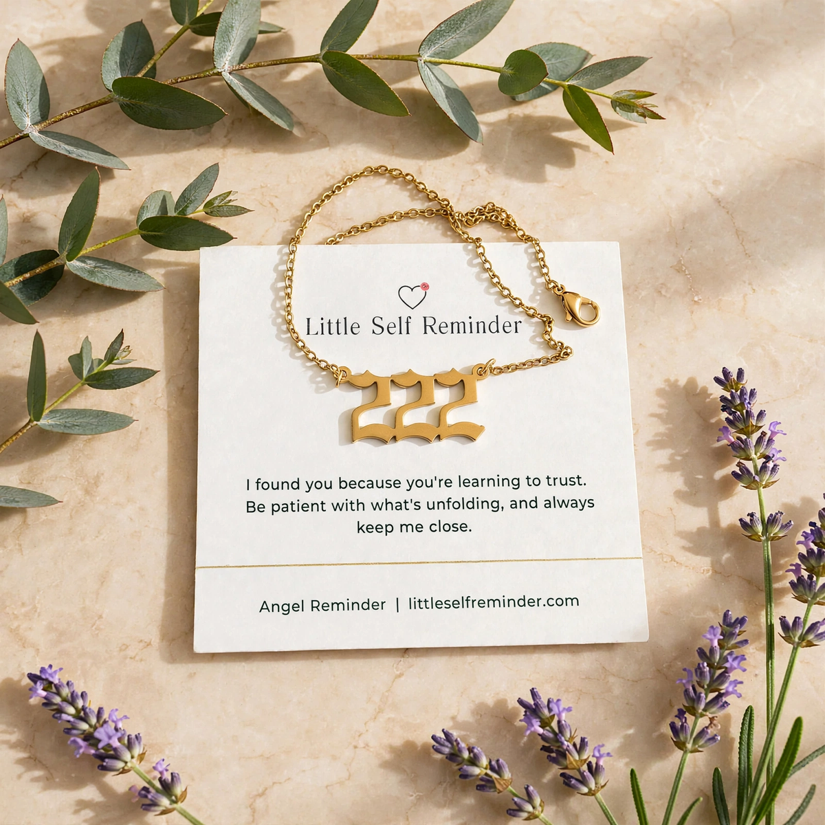 Gold 222 angel number necklace with a gentle reminder to trust divine timing, find balance, and believe everything is unfolding at its own pace.