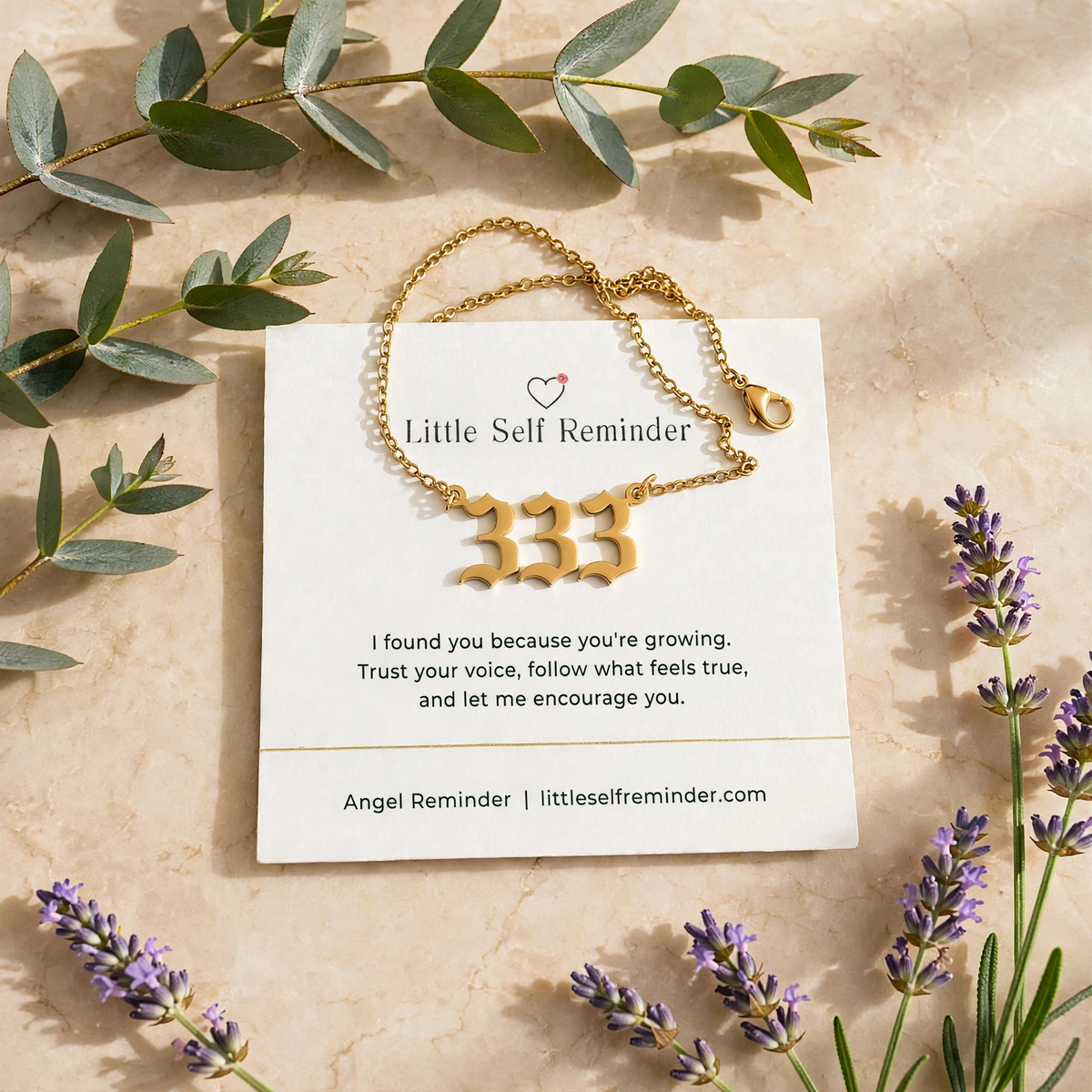 Gold 333 angel number necklace with an encouraging reminder to trust your voice, embrace personal growth, and remember you are supported.