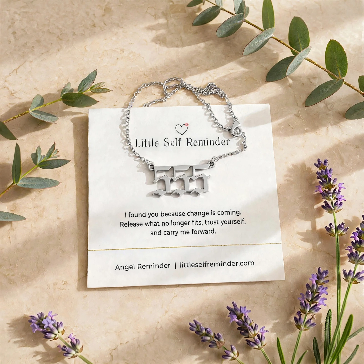 Silver 555 angel number necklace with a meaningful reminder to welcome change, release what no longer fits, and move forward with confidence.