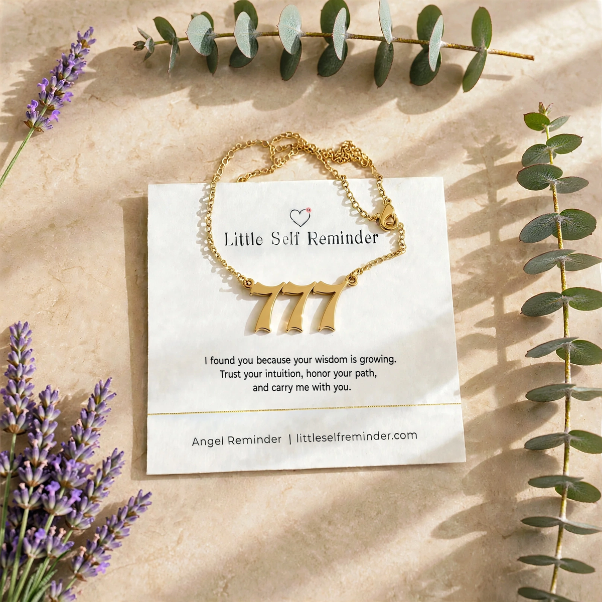 Gold 777 angel number necklace with an inspiring reminder to trust your intuition, honor your spiritual journey, and listen to your inner wisdom.