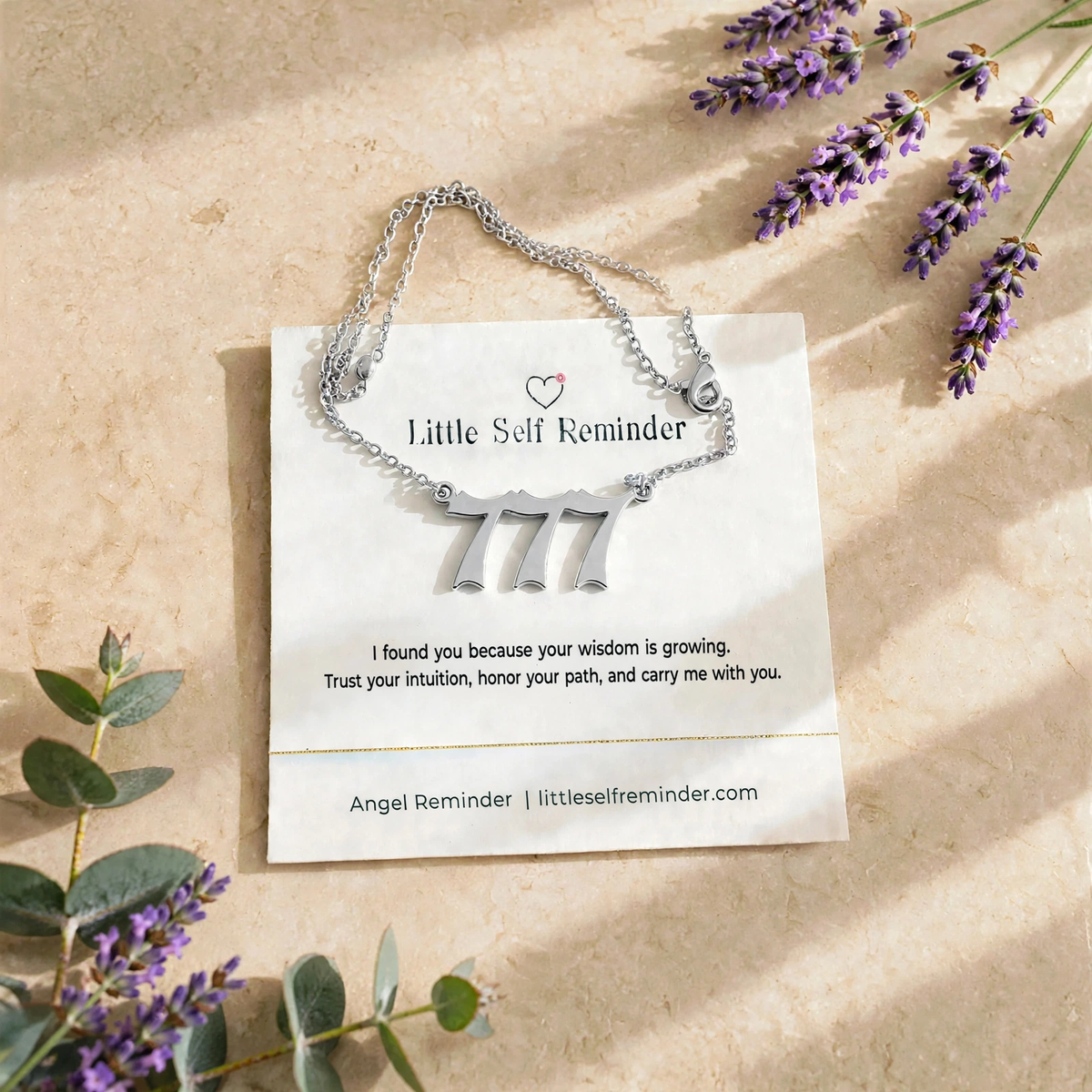 Silver 777 angel number necklace with an inspiring reminder to trust your intuition, honor your spiritual journey, and listen to your inner wisdom.