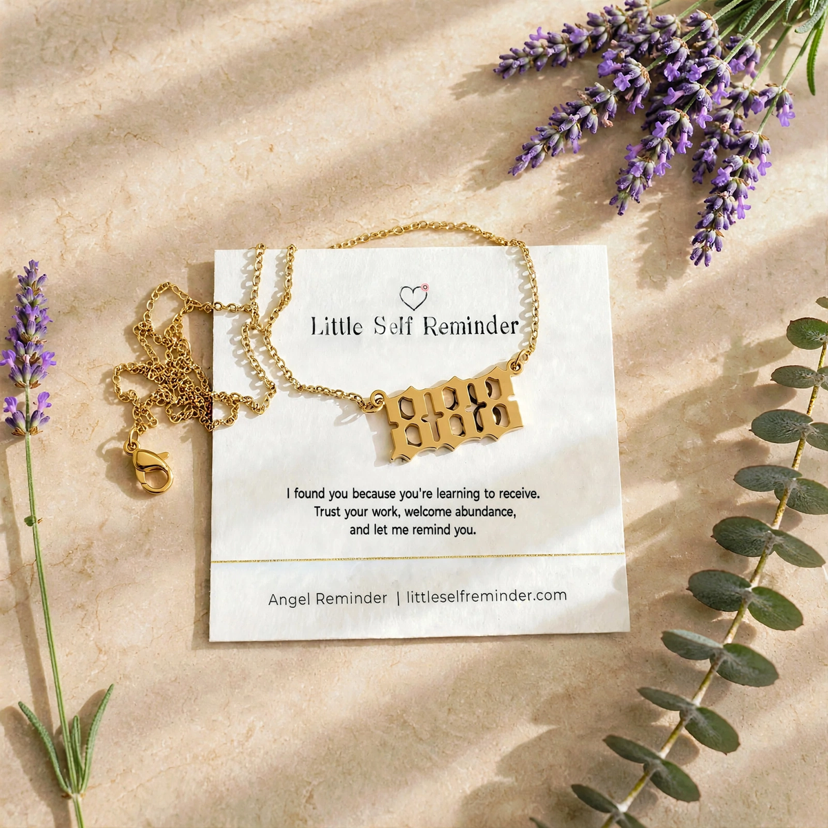 Gold 888 angel number necklace with an empowering reminder to welcome abundance, recognize your worth, and allow yourself to receive good things.