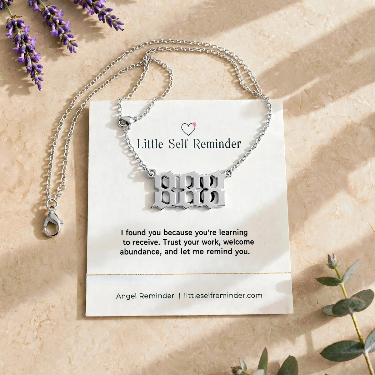 Silver 888 angel number necklace with an empowering reminder to welcome abundance, recognize your worth, and allow yourself to receive good things.