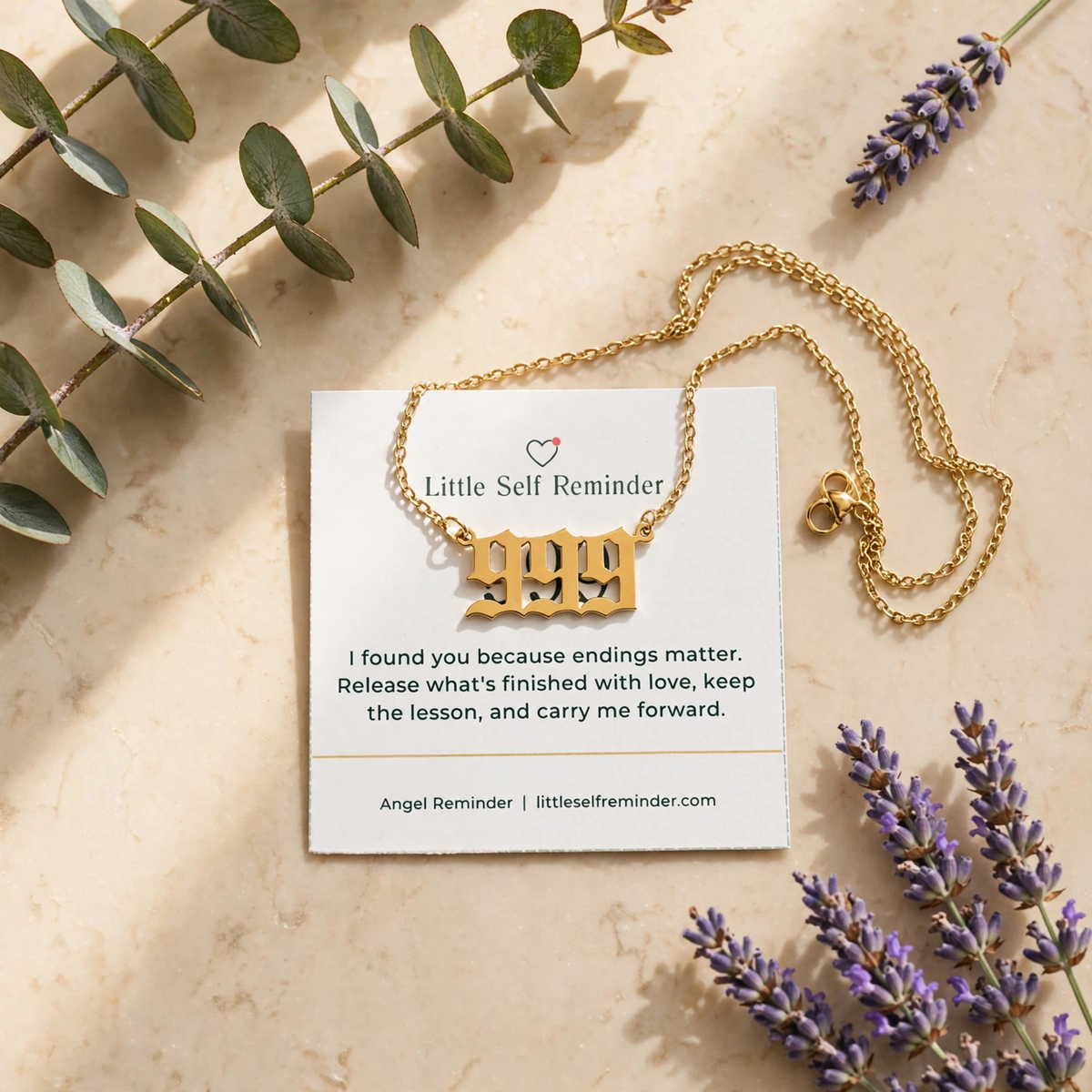 Gold 999 angel number necklace with a heartfelt reminder to release completed chapters, embrace new beginnings, and carry the lessons forward.