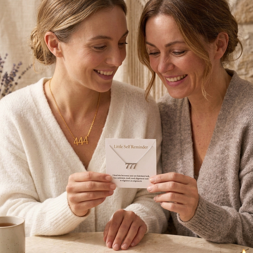 Three mixed gold or silver-toned reminder bracelets displayed on white cards, arranged in a flat lay with eucalyptus leaves and lavender sprigs on a light beige background.