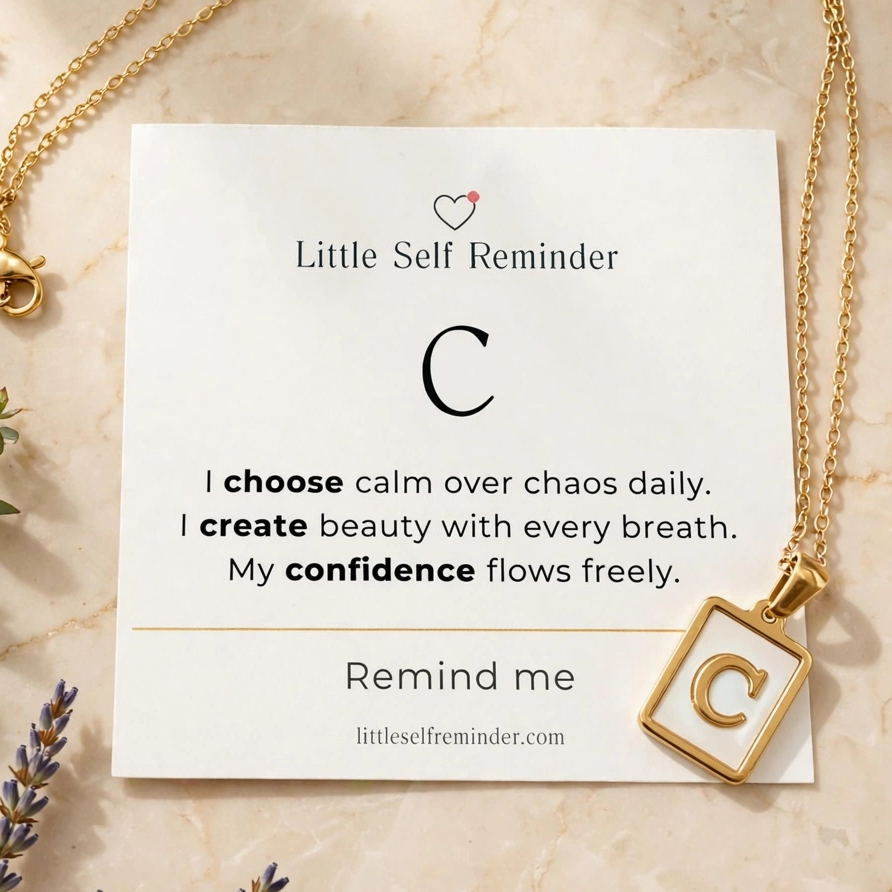 A gold necklace with a square pendant featuring a large letter 'C' is displayed on a white card that reads 'Little Self Reminder' with a daily affirmation.