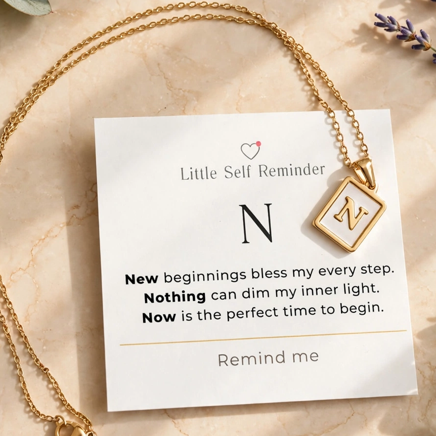 A gold necklace with a square pendant displayed on a white card that reads 'Little Self Reminder' with a motivational quote.