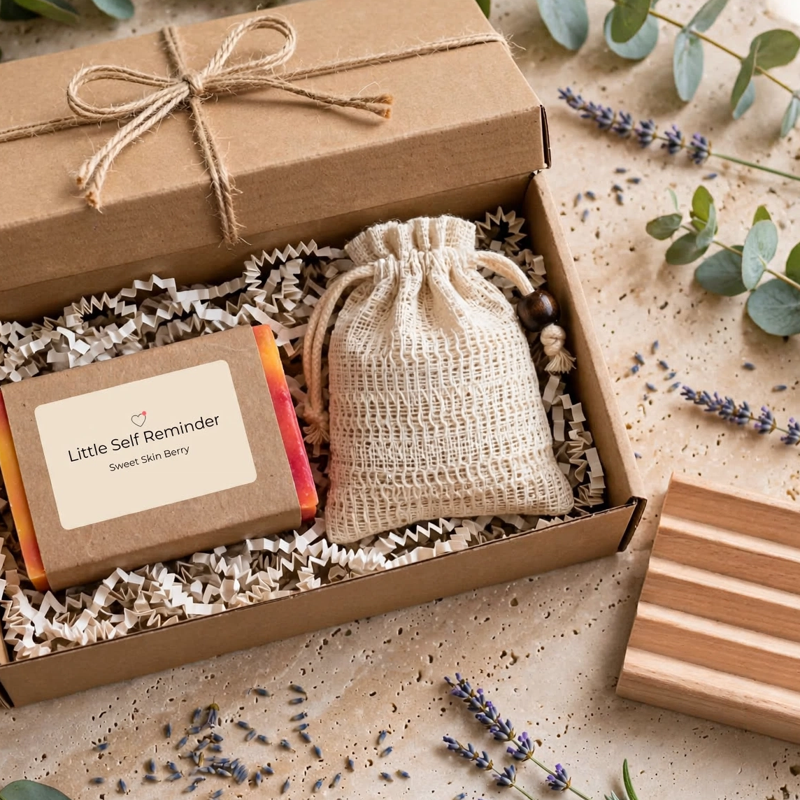 A gift set in a kraft paper box with a ribbon bow, containing a small soap bar labeled 'Little Self Reminder'.