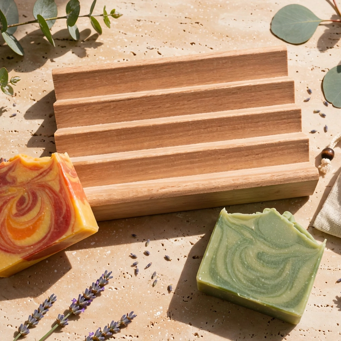 A styled flat-lay of a wooden soap bar set on a sandy surface with eucalyptus and lavender sprigs.