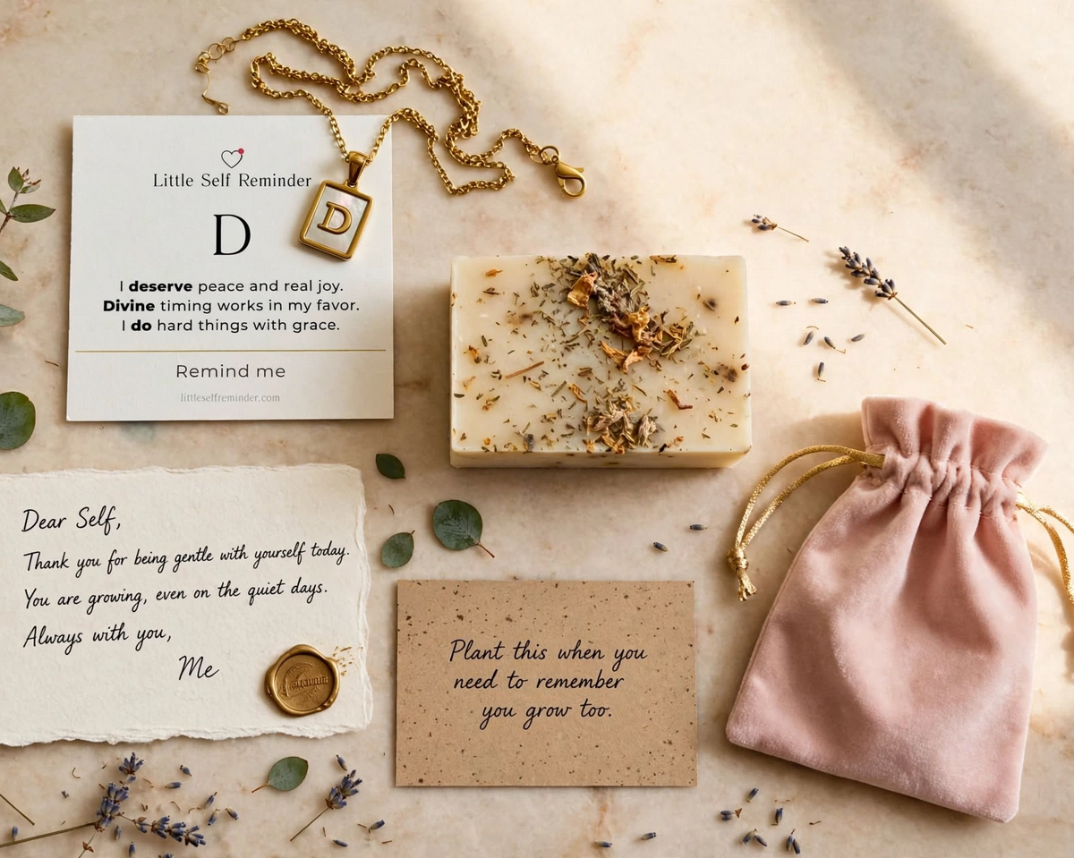 A styled flat-lay of self-care gift items on a light marble surface.