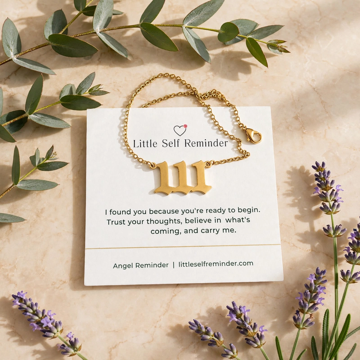 Gold 111 angel number necklace with a meaningful reminder to trust your thoughts, embrace new beginnings, and believe in what you are creating.