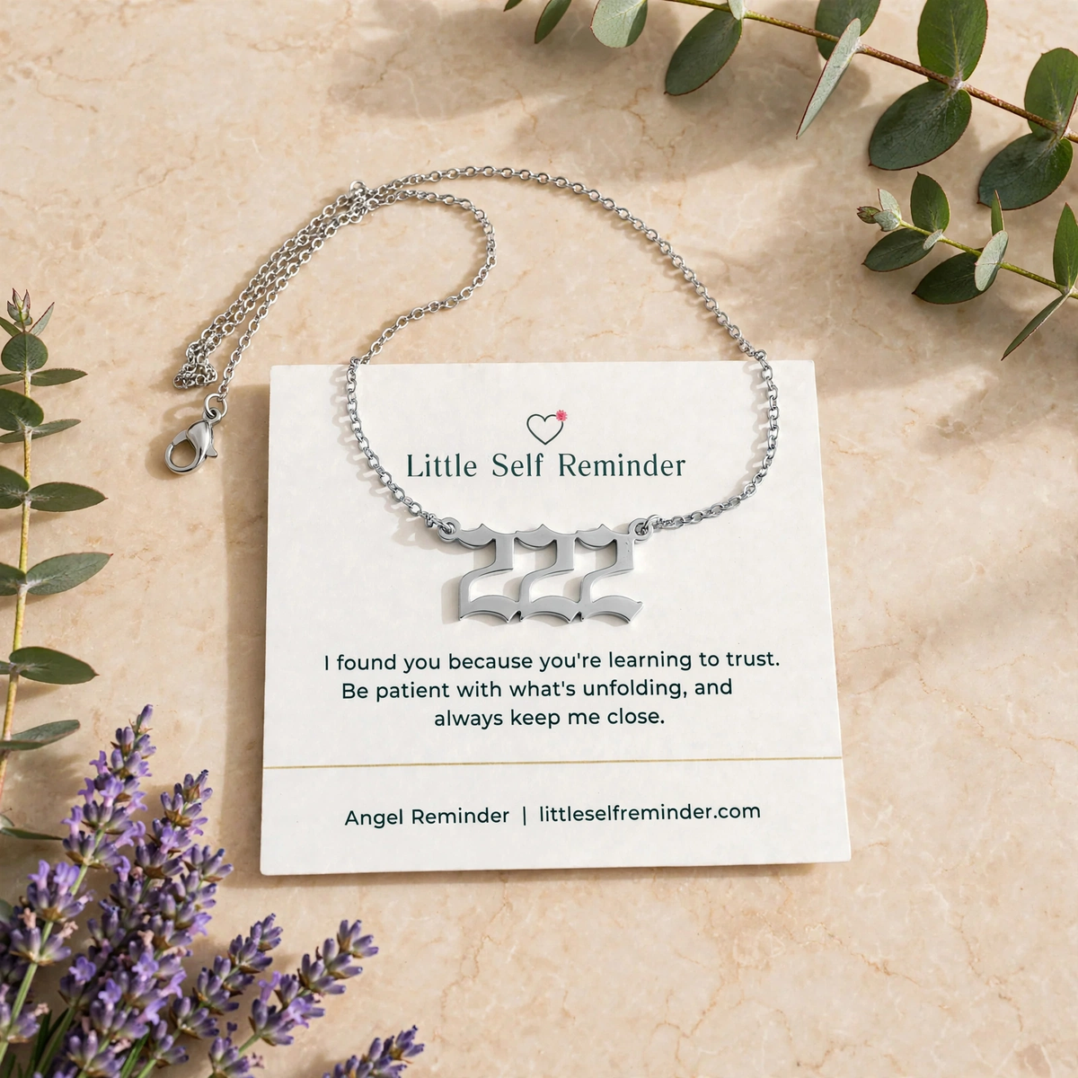 Silver 222 angel number necklace with a gentle reminder to trust divine timing, find balance, and believe everything is unfolding at its own pace.
