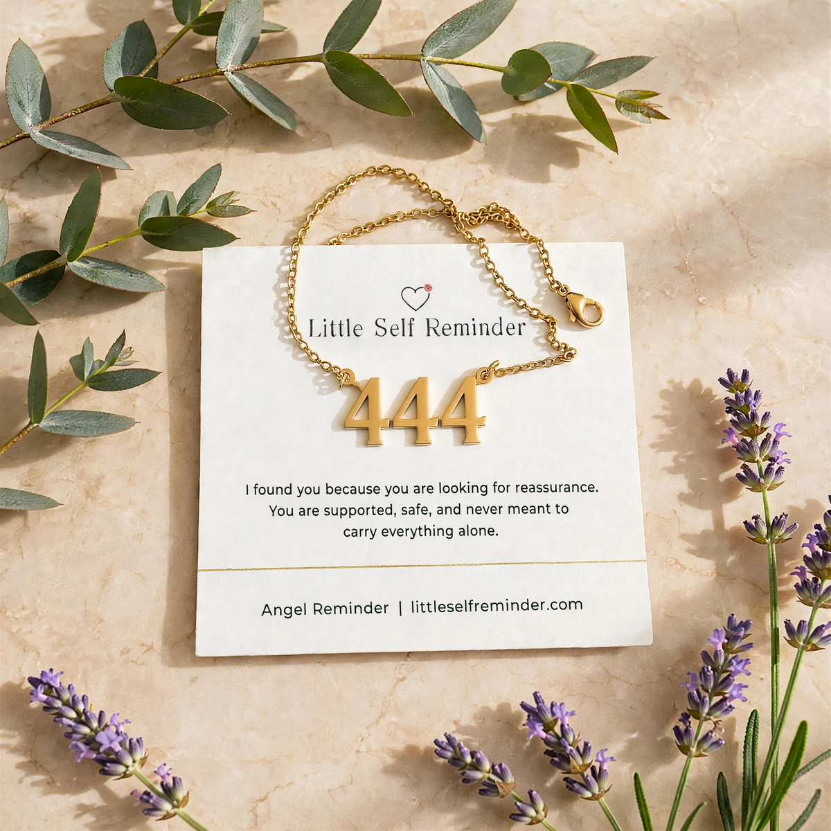 Gold 444 angel number necklace with a comforting reminder of protection, stability, and reassurance that you do not have to carry everything alone.