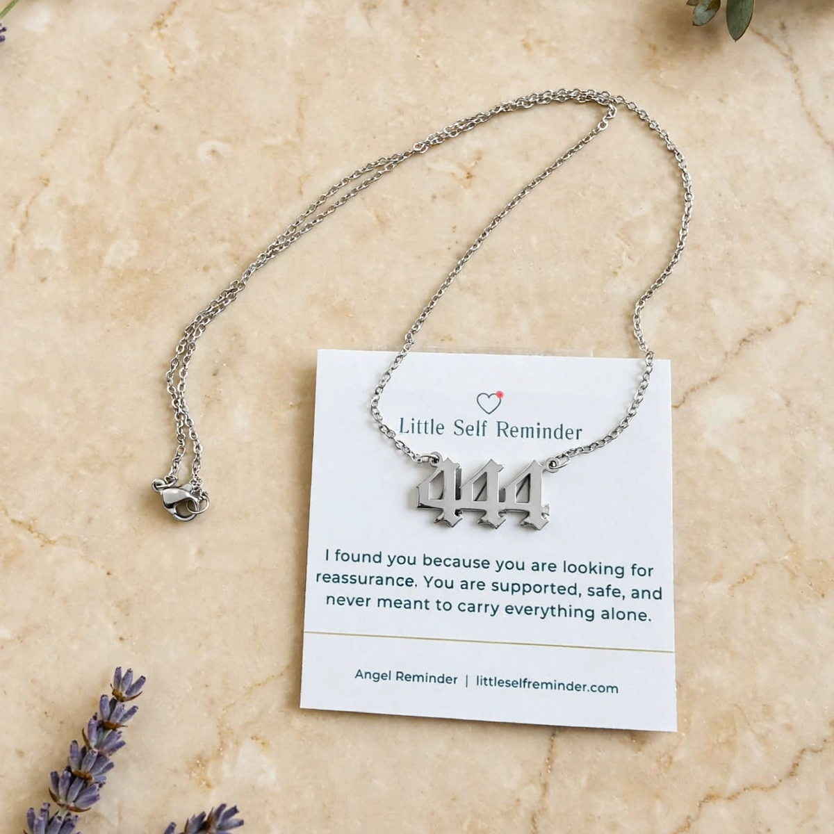 Silver 444 angel number necklace with a comforting reminder of protection, stability, and reassurance that you do not have to carry everything alone.