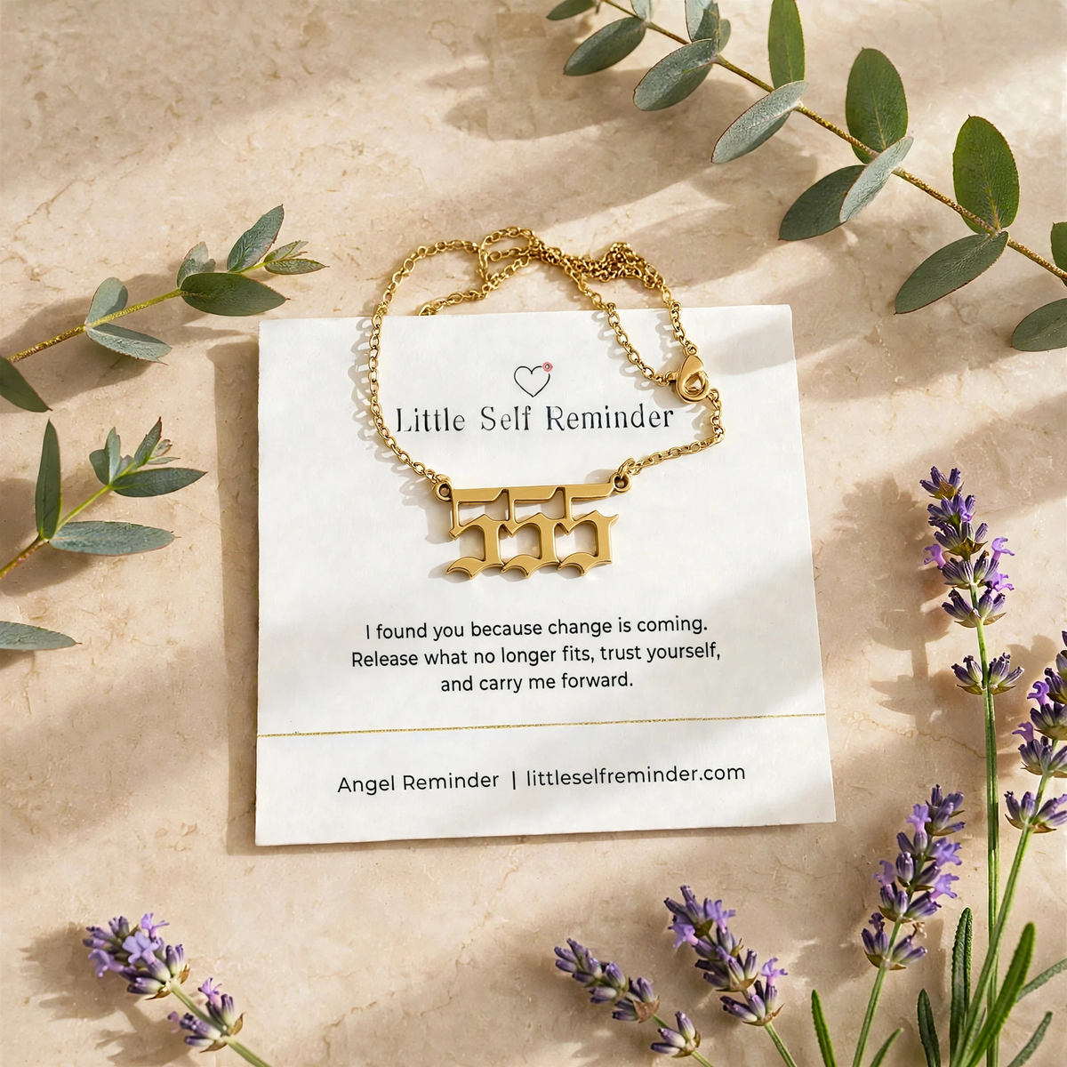 Gold 555 angel number necklace with a meaningful reminder to welcome change, release what no longer fits, and move forward with confidence.