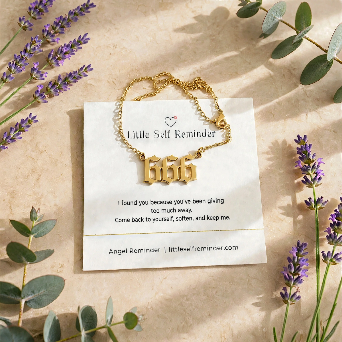 Gold 666 angel number necklace with a gentle reminder to reconnect with yourself, restore inner balance, and practice self-love without guilt.