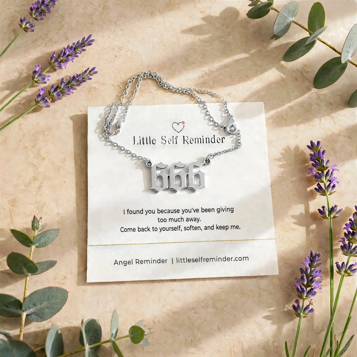 Silver 666 angel number necklace with a gentle reminder to reconnect with yourself, restore inner balance, and practice self-love without guilt.