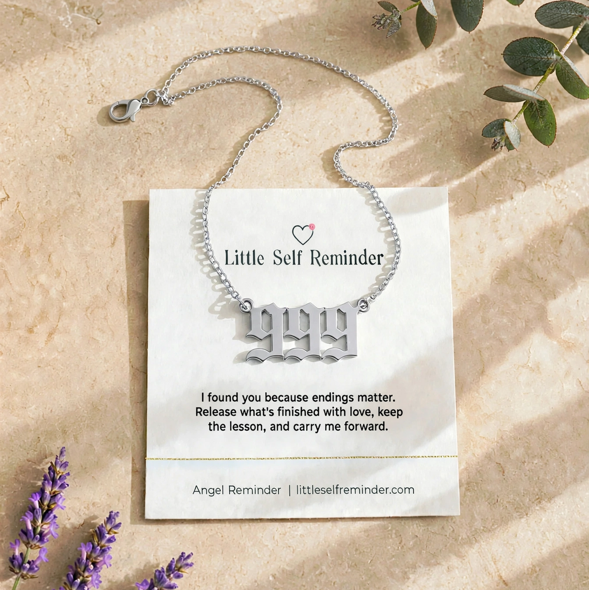 Silver 999 angel number necklace with a heartfelt reminder to release completed chapters, embrace new beginnings, and carry the lessons forward.