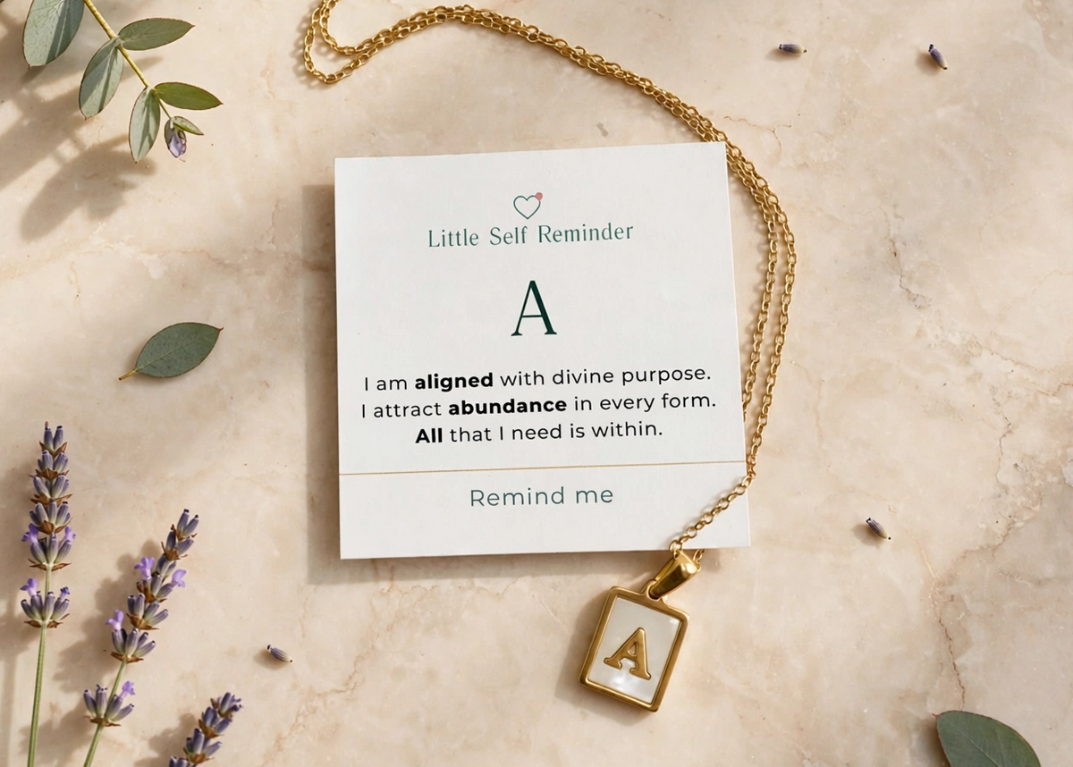 A gold initial necklace with a square pendant holding the letter 'A' is displayed on a cream card that reads 'Little Self Reminder' with a quote starting with 'A'. 