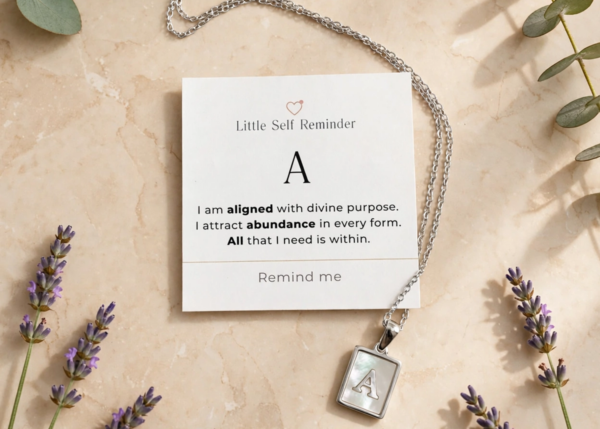 A silver necklace with a square pendant engraved with the letter 'A' is displayed on a cream card that reads 'Little Self Reminder' with a supportive affirmation.