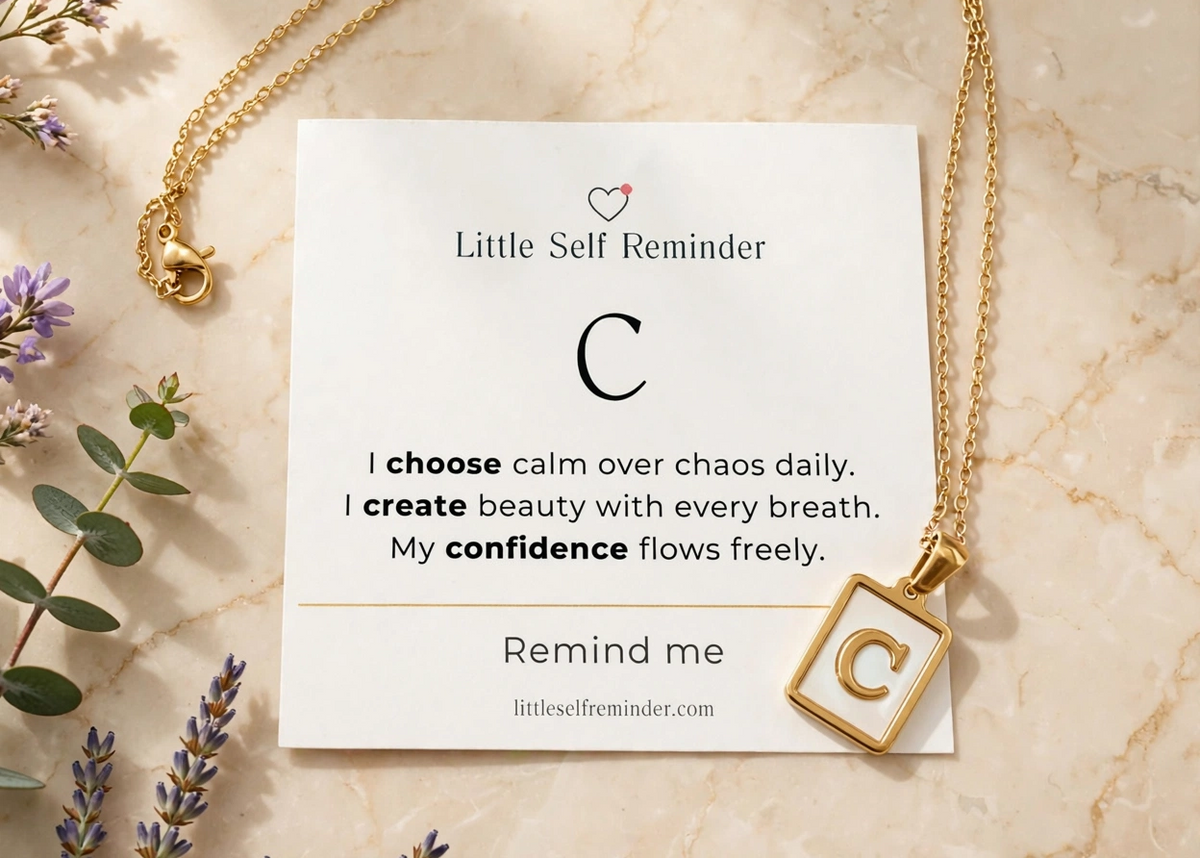 A gold necklace with a square pendant featuring a large letter 'C' is displayed on a white card that reads 'Little Self Reminder' with a daily affirmation.