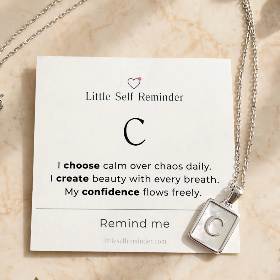 A silver necklace with a square pendant displayed on a white card that reads 'Little Self Reminder' with a letter C and a positive affirmation.