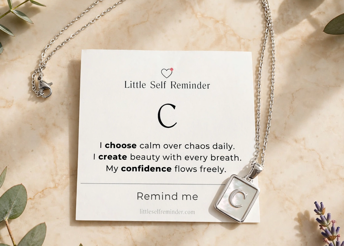 A silver necklace with a square pendant displayed on a white card that reads 'Little Self Reminder' with a letter C and a positive affirmation.