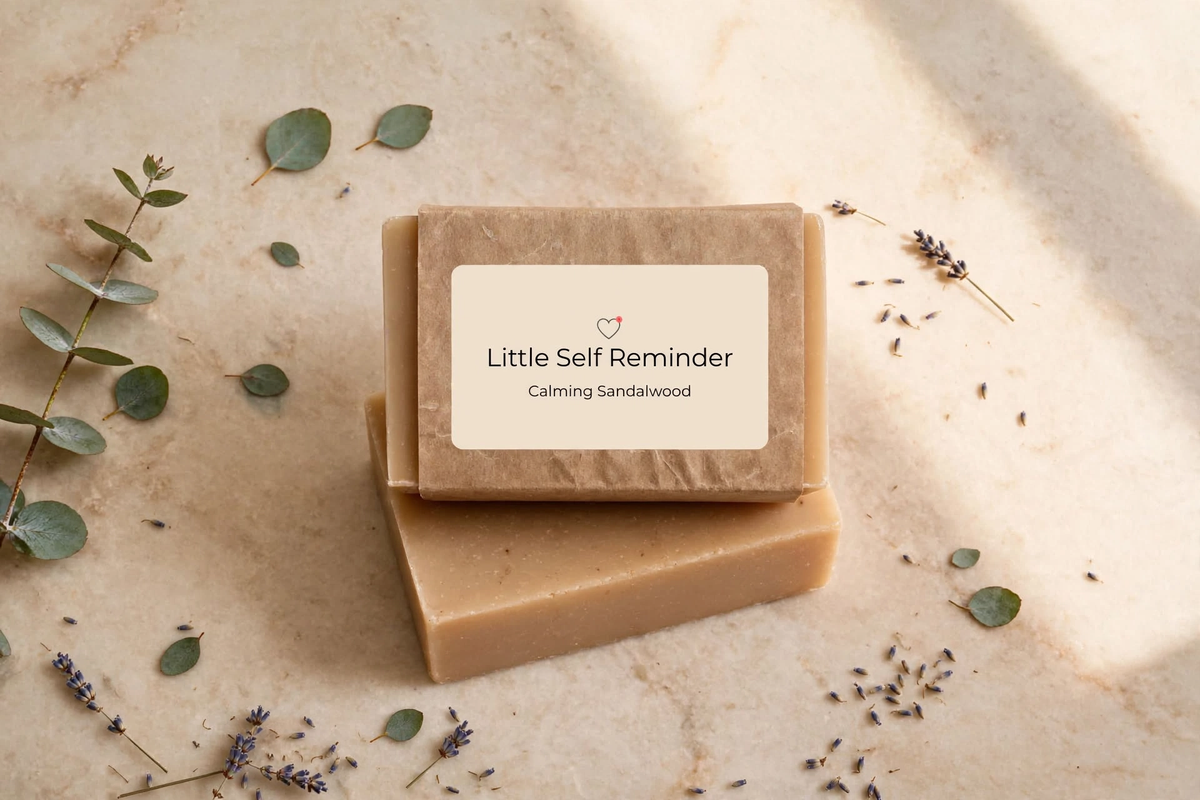 Two rectangular bars of handmade soap stacked on a light beige stone surface, with a cream label reading 'Little Self Reminder' and 'Calming Sandalwood'.