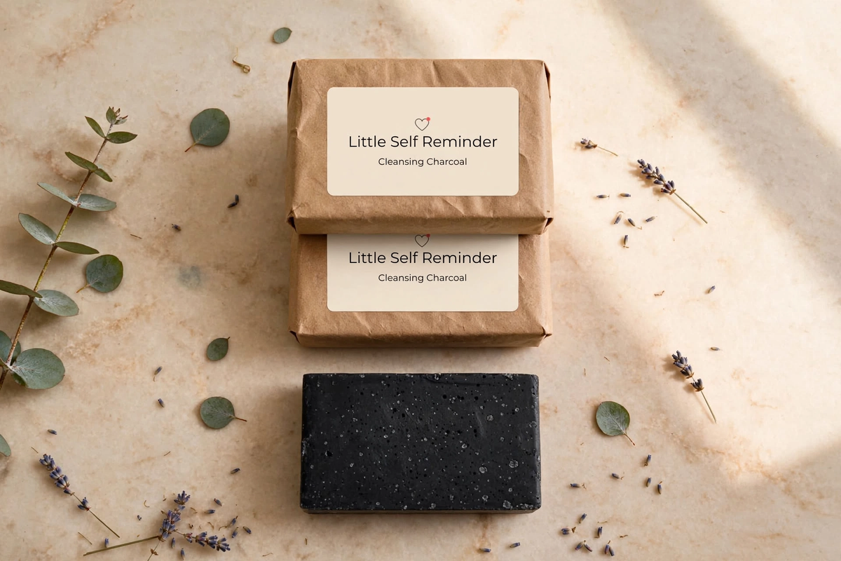 Two stacked brown Kraft paper boxes labeled 'Little Self Reminder Cleansing Charcoal' with a single dark charcoal rectangular bar of soap placed below.