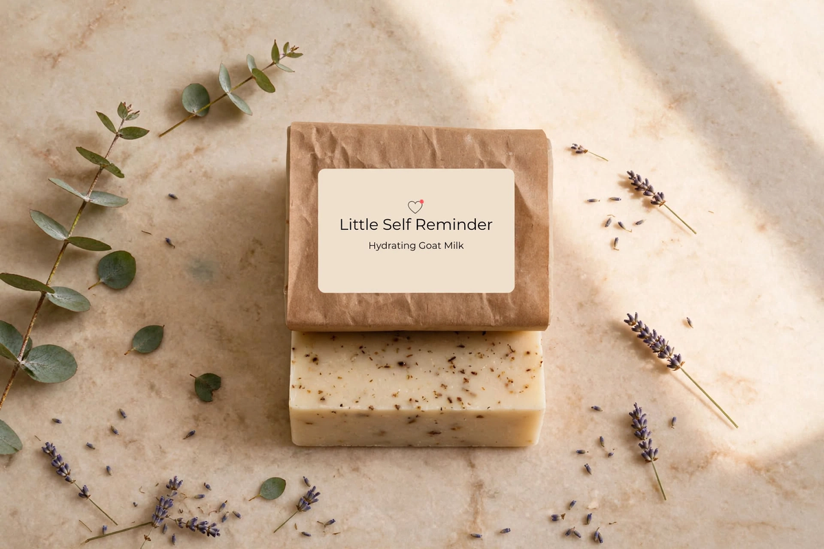 Two stacked handmade soap bars on a light beige stone surface with scattered lavender and eucalyptus sprigs.