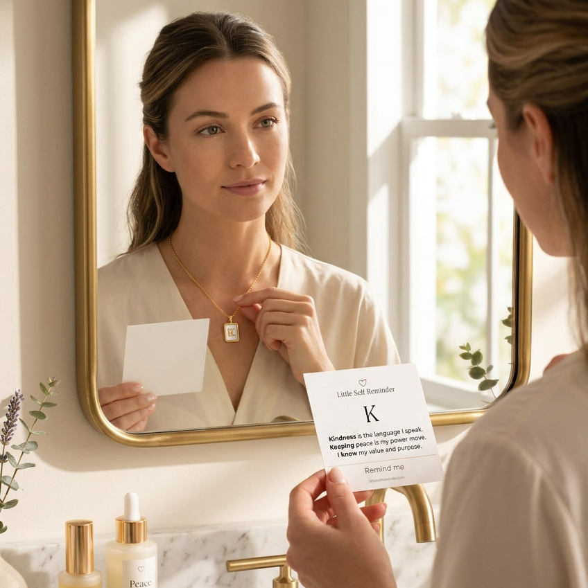 A woman reading her reminder in front of a mirror. 