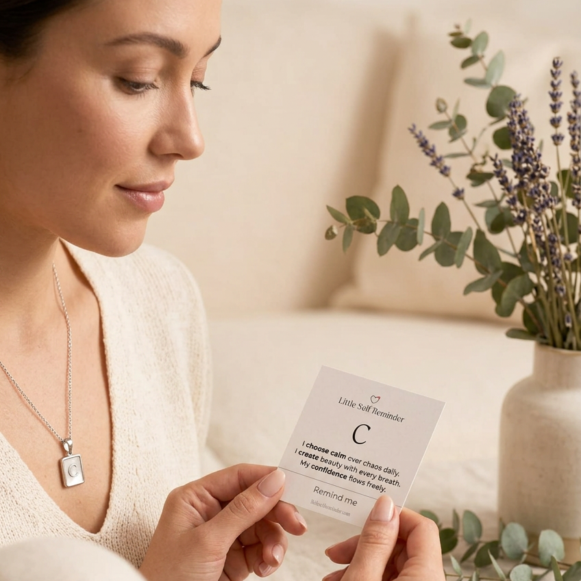 Three silver necklace pendants with square letter charms are arranged on a beige surface with eucalyptus leaves and lavender sprigs.