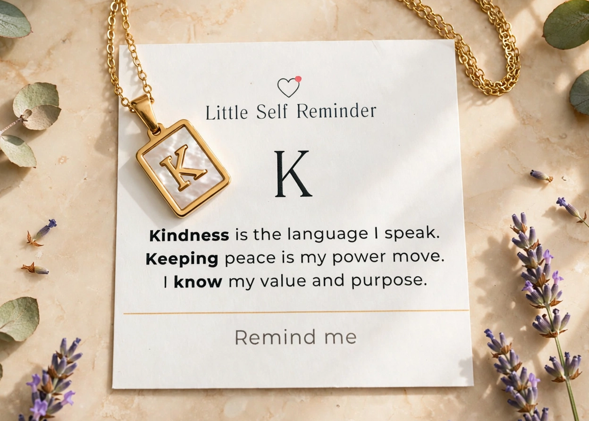 A gold necklace with a square pendant featuring a large letter K and a small heart icon, displayed on a cream card that reads 'Little Self Reminder'.