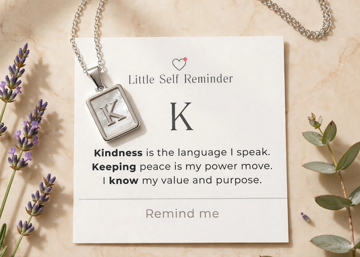 A silver necklace with a square pendant engraved with the letter 'K' sits on a white card that reads 'Little Self Reminder' with a motivational quote.