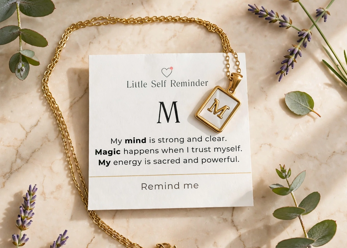 A gold necklace with a square pendant engraved with the letter 'M' is displayed on a white card that reads 'Little Self Reminder' with a motivational quote. 