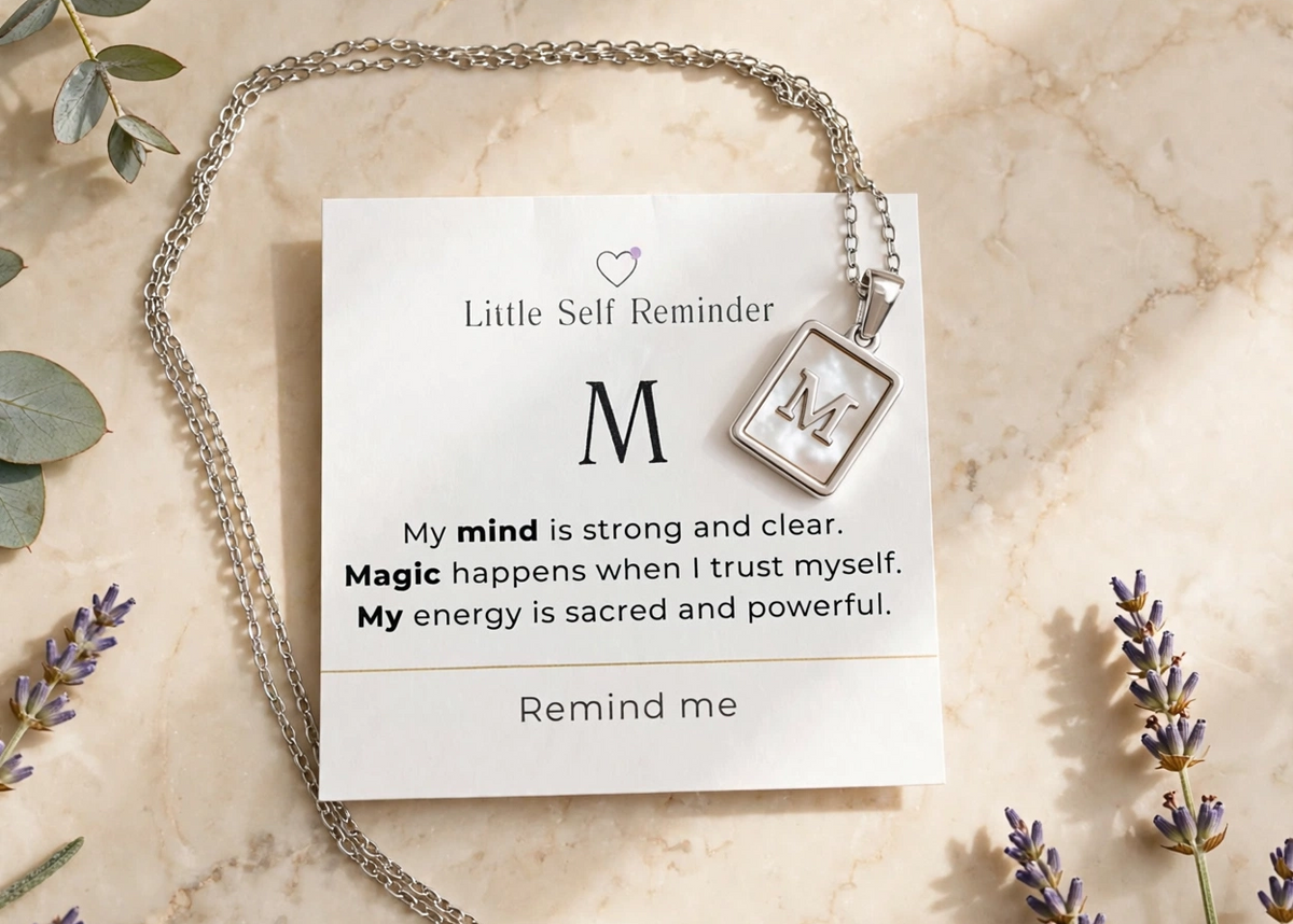 A silver chain necklace with a square pendant displaying the word 'REMIND' is arranged on a cream marble surface with dried flowers and greenery.