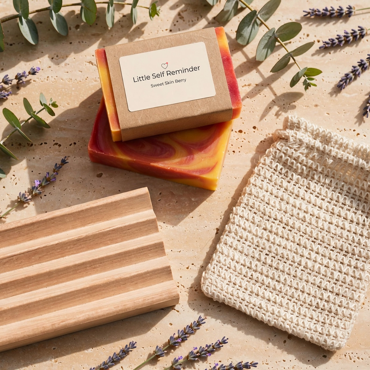 A styled flat-lay of a handmade soap bar set with a kraft paper label reading 'Little Self Reminders'.