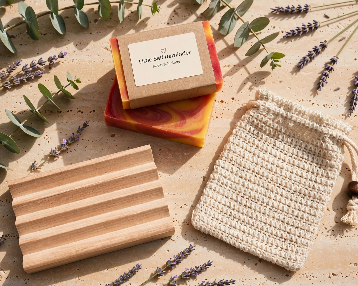 A styled flat-lay of a handmade soap bar set with a kraft paper label reading 'Little Self Reminders'.