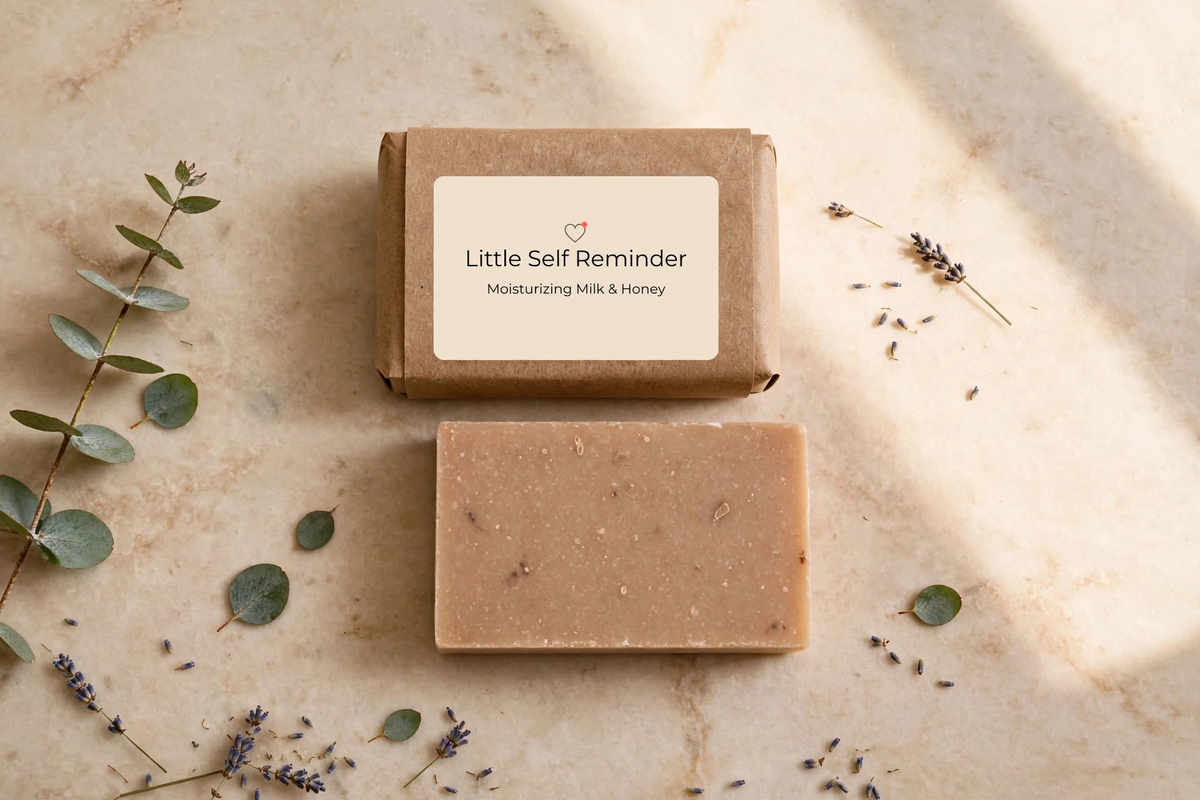 A rectangular bar of handmade soap in a natural tan color with visible botanical inclusions, displayed below its Kraft paper packaging box. 