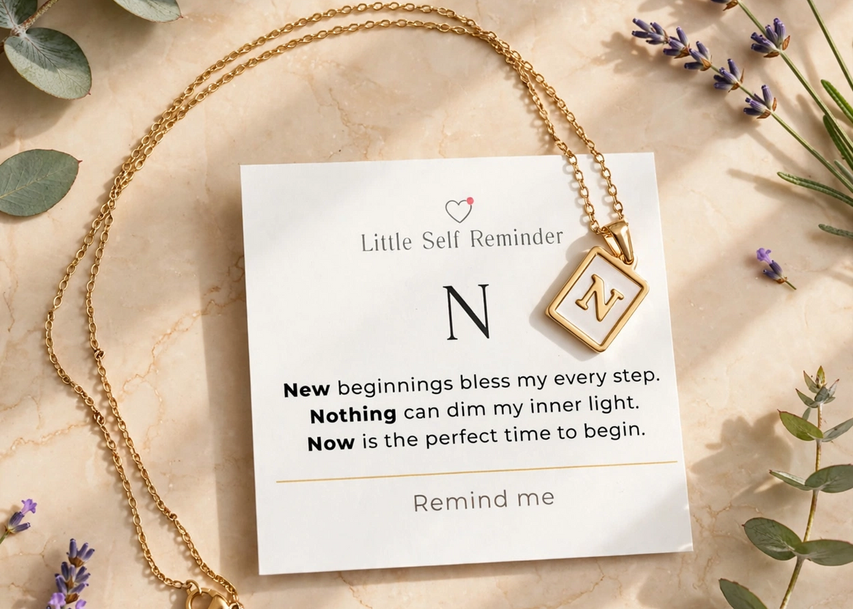A gold necklace with a square pendant displayed on a white card that reads 'Little Self Reminder' with a motivational quote. 