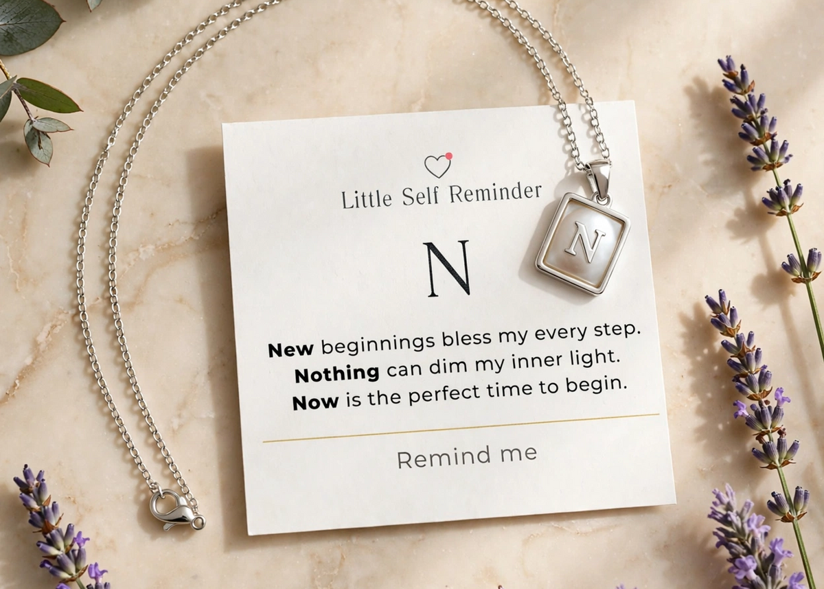 A silver necklace with a square pendant engraved with 'N' and 'Love', displayed on a white card that reads 'Little Sell Reminder' with a motivational quote.
