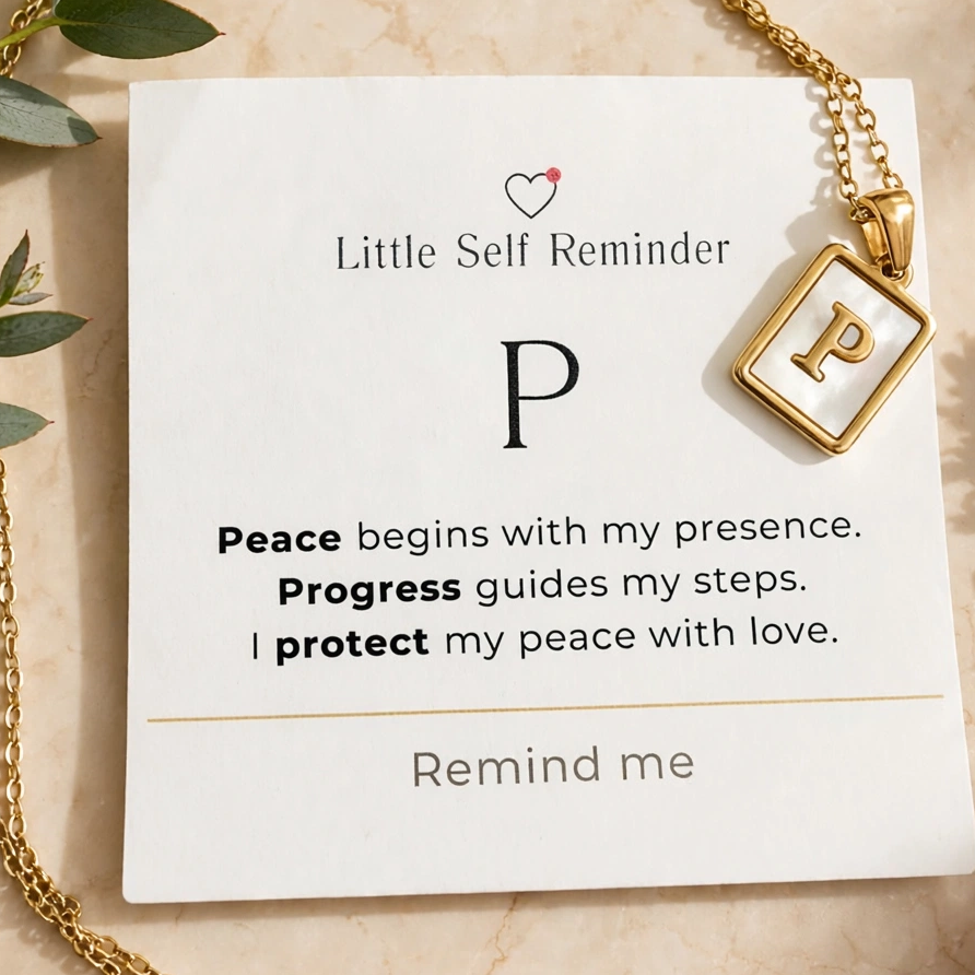 A gold chain necklace with a square pendant featuring the letter 'P' is displayed on a white card labeled 'Little Self Reminder' with motivational text. 