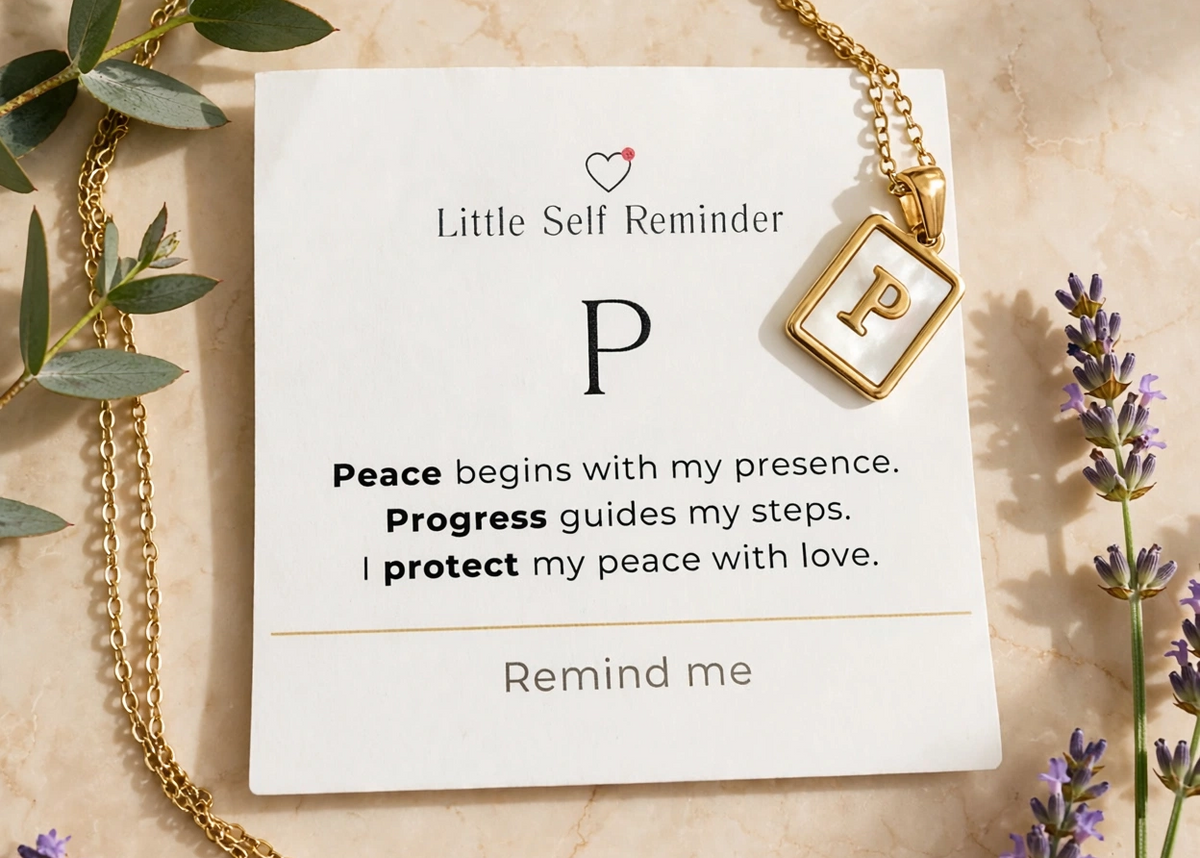 A gold chain necklace with a square pendant featuring the letter 'P' is displayed on a white card labeled 'Little Self Reminder' with motivational text. 