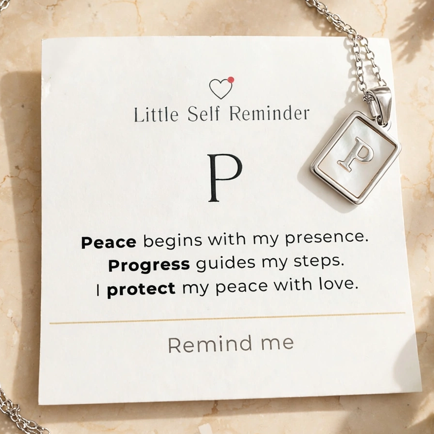 A silver chain necklace with a square pendant engraved with the letter 'P', displayed on a white card that reads 'Little Self Reminder'