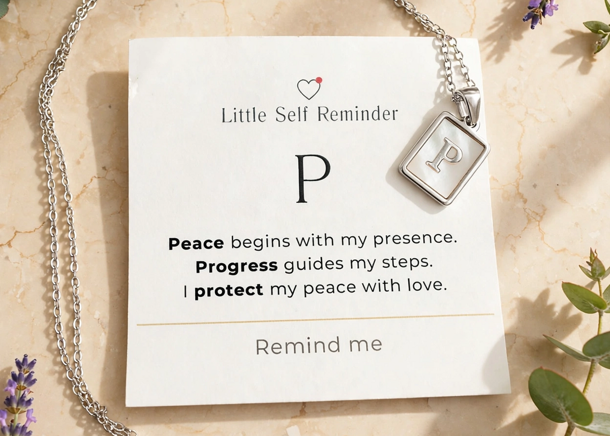 A silver chain necklace with a square pendant engraved with the letter 'P', displayed on a white card that reads 'Little Self Reminder'