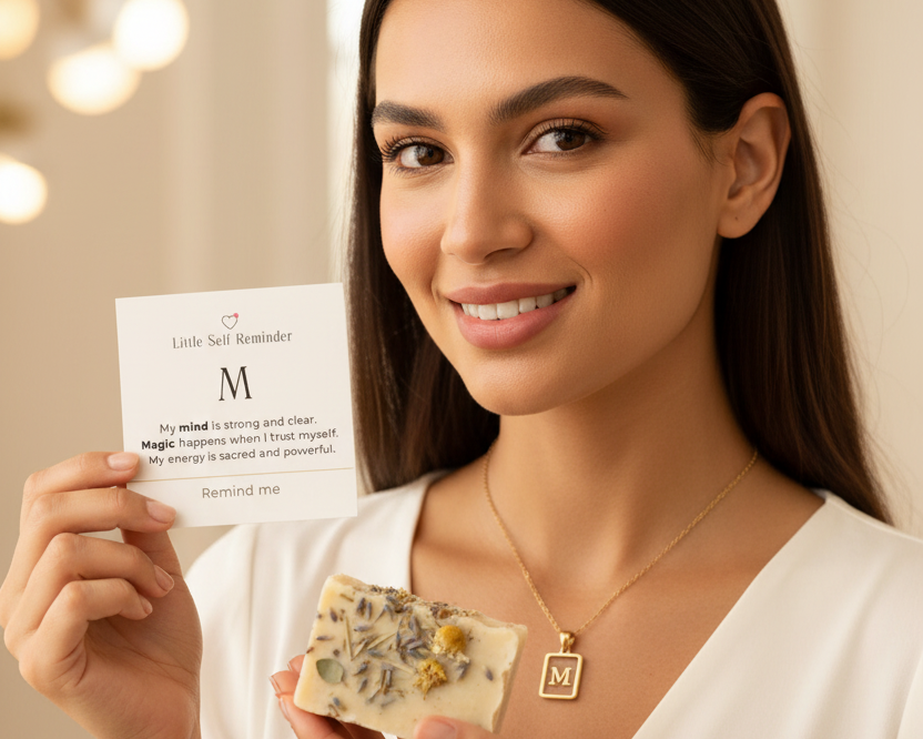 A styled flat-lay of personalized jewelry and cards on a light marble surface.