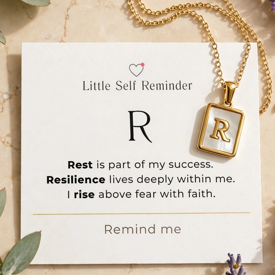 A gold square pendant necklace with an initial 'R' is displayed on a cream card labeled 'Little Self Reminder' with motivational text. 