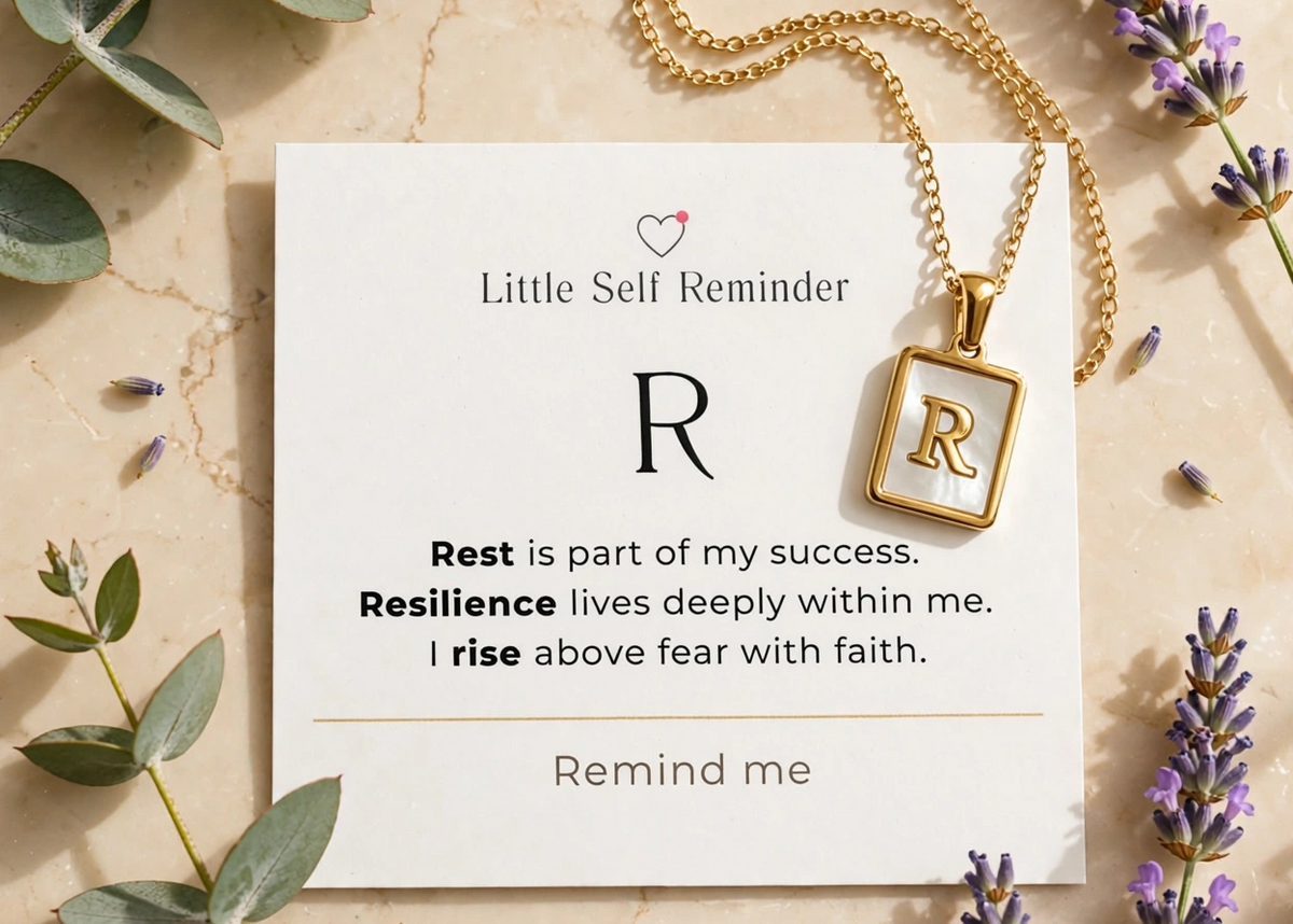 A gold square pendant necklace with an initial 'R' is displayed on a cream card labeled 'Little Self Reminder' with motivational text. 