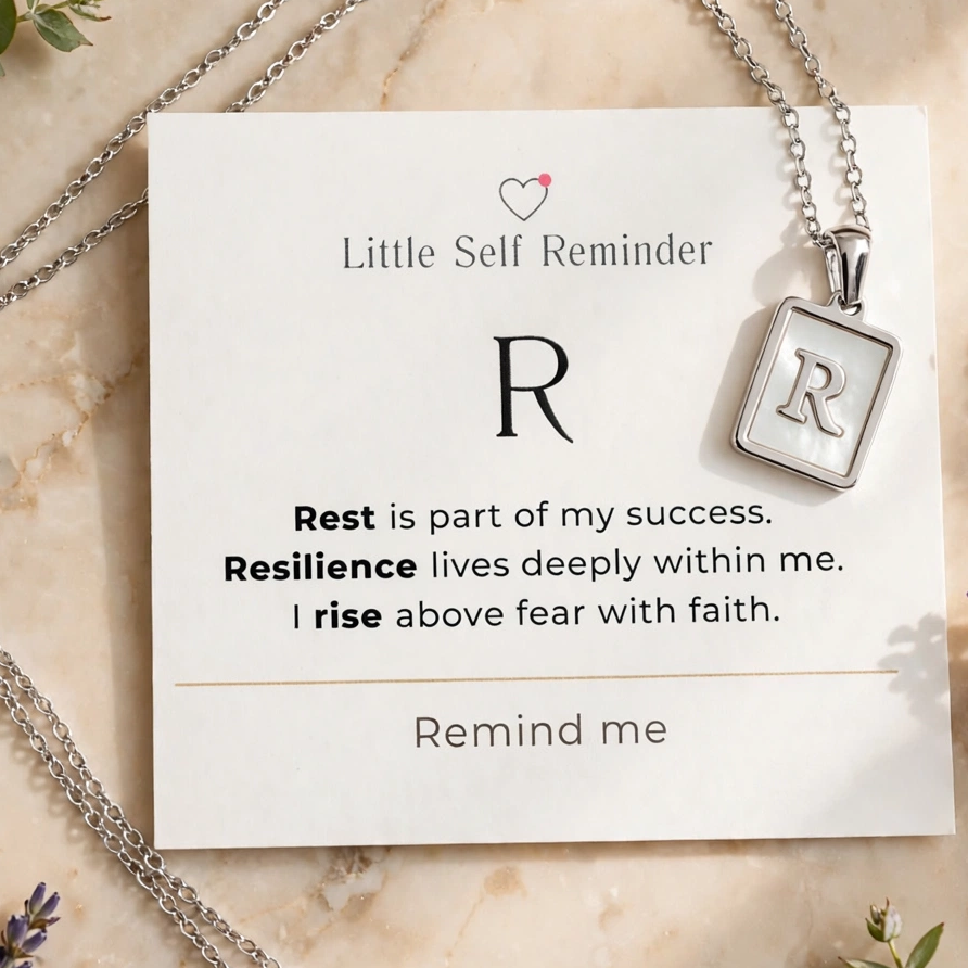 A silver initial 'R' pendant necklace on a matching chain, displayed on a white card that reads 'Little Self Reminder' with a motivational quote.